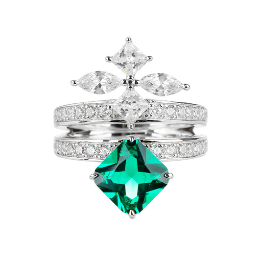 ring  Pure silver ring emerald female S95 silver inlaid embedded vermiculite high carbon diamond ice flower