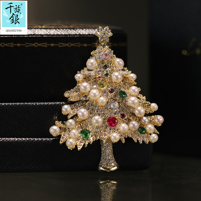 Original natural pearl copper zircon Christmas tree chest flower brooch Christmas gift