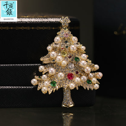 Original natural pearl copper zircon Christmas tree chest flower brooch Christmas gift