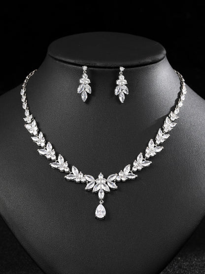 European and American Fashion Zircon Necklace+Earring Set Bridal Dress Banquet Accessories # Women's Holiday Wear