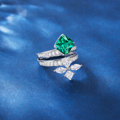 ring  Pure silver ring emerald female S95 silver inlaid embedded vermiculite high carbon diamond ice flower