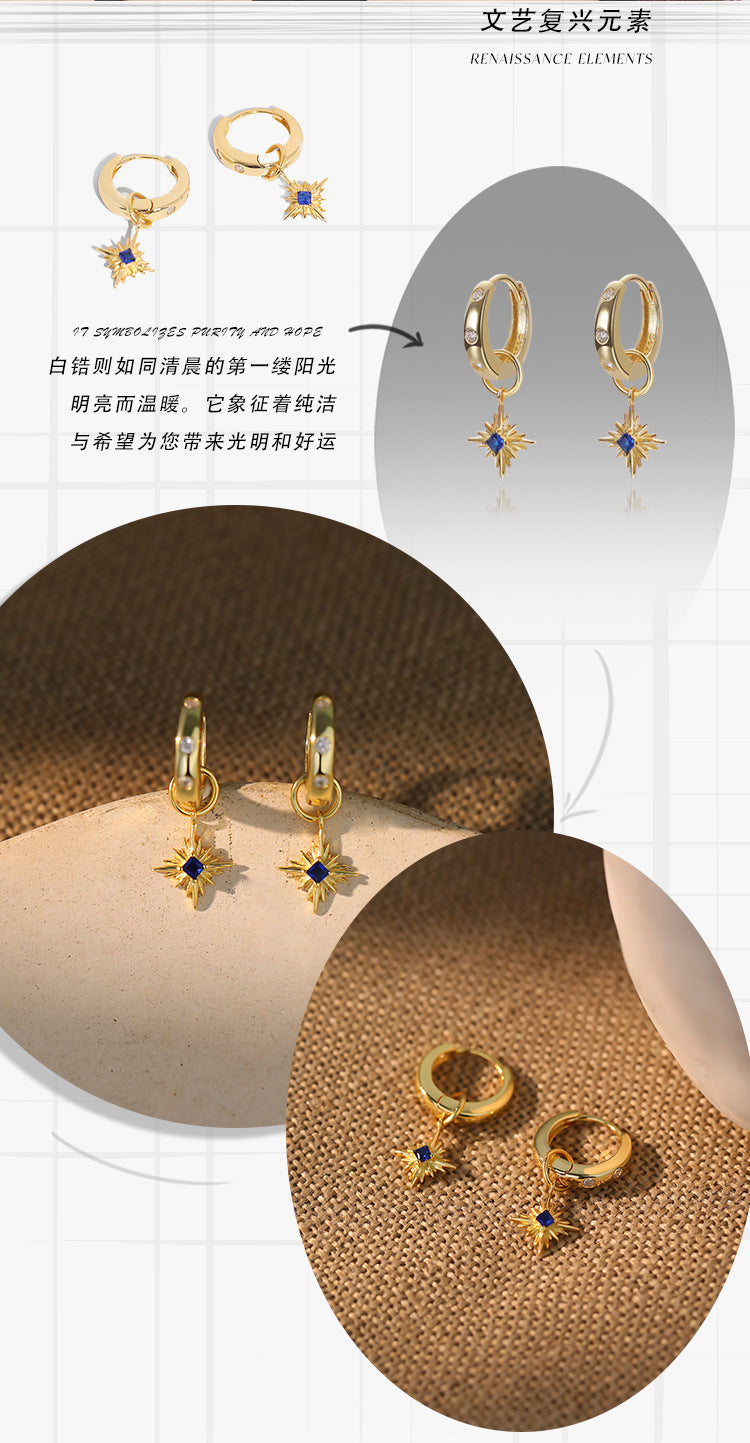 Yuanfan 925 sterling silver fashionable retro sapphire earrings ins European and American star zircon earrings fashion accessories