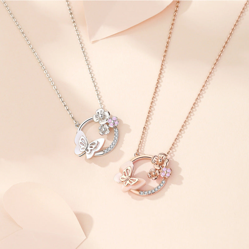 S925 Silver New Product Natural Powder Mother Shell Flower Spirit Butterfly Dream Necklace Clavicular Chain Women's Jewelry