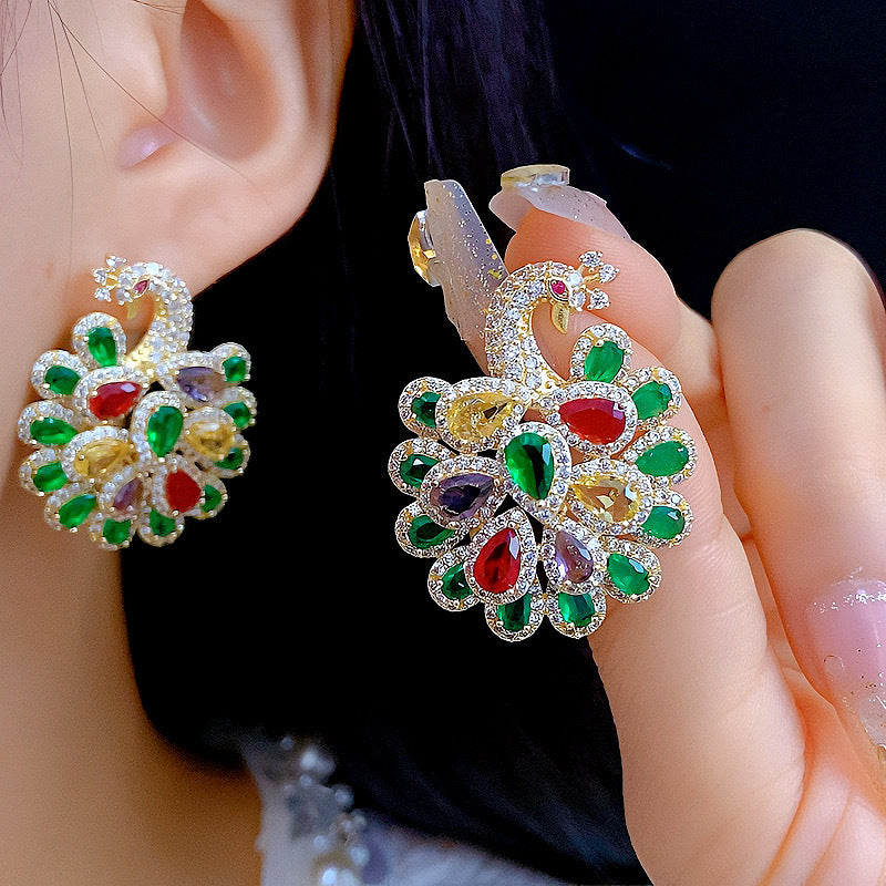 Fashionable and atmospheric heavy industry earrings hot selling micro inlaid zircon peacock earrings fashionable earrings