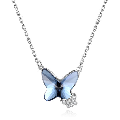 Crystal necklace for women S925 pure silver blue butterfly pendant sweater chain collarbone necklace