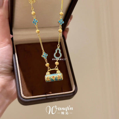 New Chinese style enamel fired blue safety lock pendant necklace