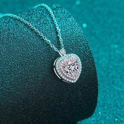 925 sterling silver necklace, heart bag, moissanite pendant plated with Pt950 rose gold collarbone chain