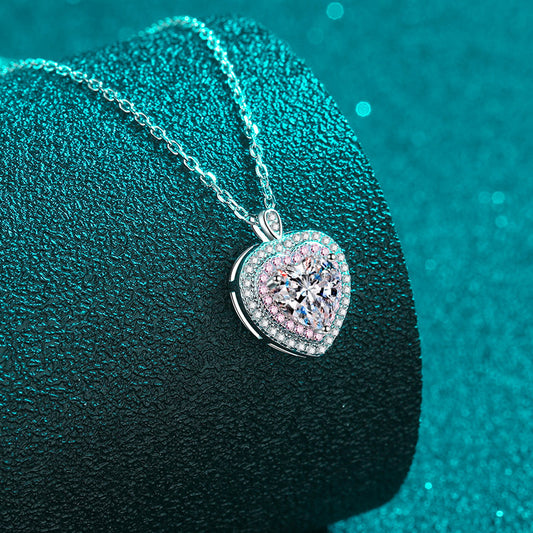 925 sterling silver necklace, heart bag, moissanite pendant plated with Pt950 rose gold collarbone chain