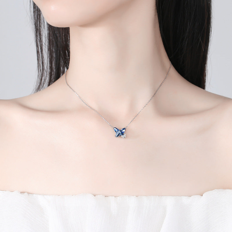Crystal necklace for women S925 pure silver blue butterfly pendant sweater chain collarbone necklace