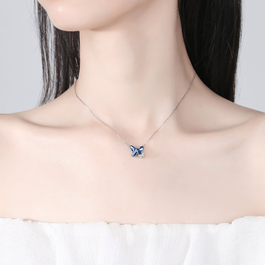 Crystal necklace for women S925 pure silver blue butterfly pendant sweater chain collarbone necklace