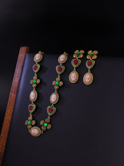 Vintage flower antique necklace, personalized retro accessory set, vintage court heart earrings