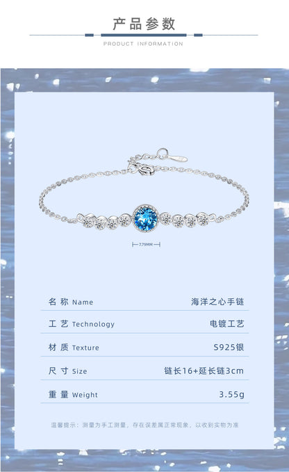 Ocean Heart Crystal Bracelet for Women S925 Pure Silver High End Jewelry, Niche Fashion Light Luxury Bracelet