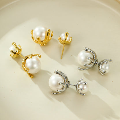Hot selling earrings with stainless steel earrings inlaid with pearls and a dual directional design, niche earrings
