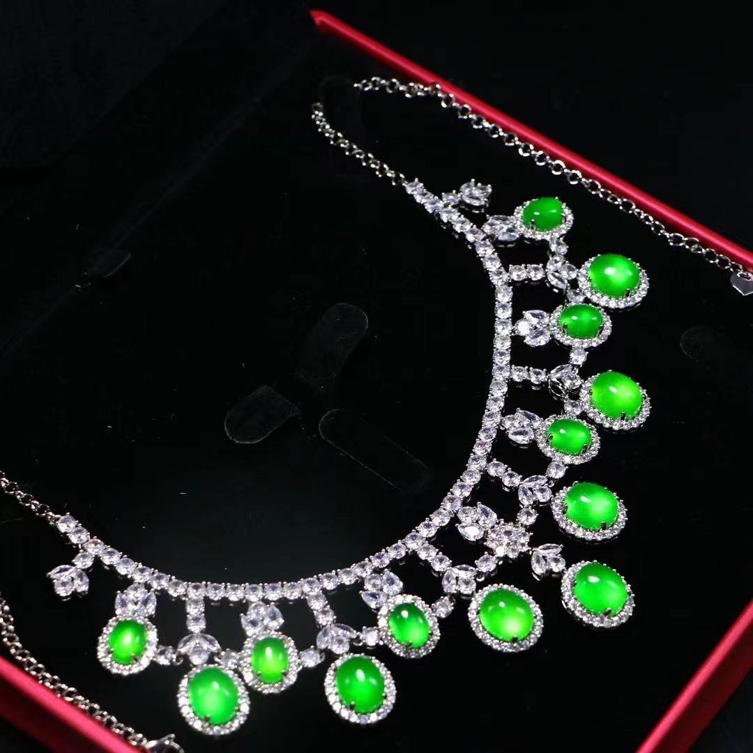 Ice seed emerald jade color jadeite plated 925 silver necklace