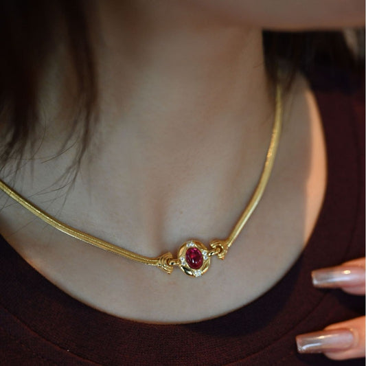 Retro cultivated plain egg shaped ruby collarbone necklace S925 silver snake bone chain versatile necklace