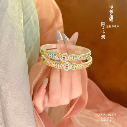 999.9 New Chinese style Palace Lotus Ruyi Bracelet with Gold Inscription and Enamel Color Opening Bracelet