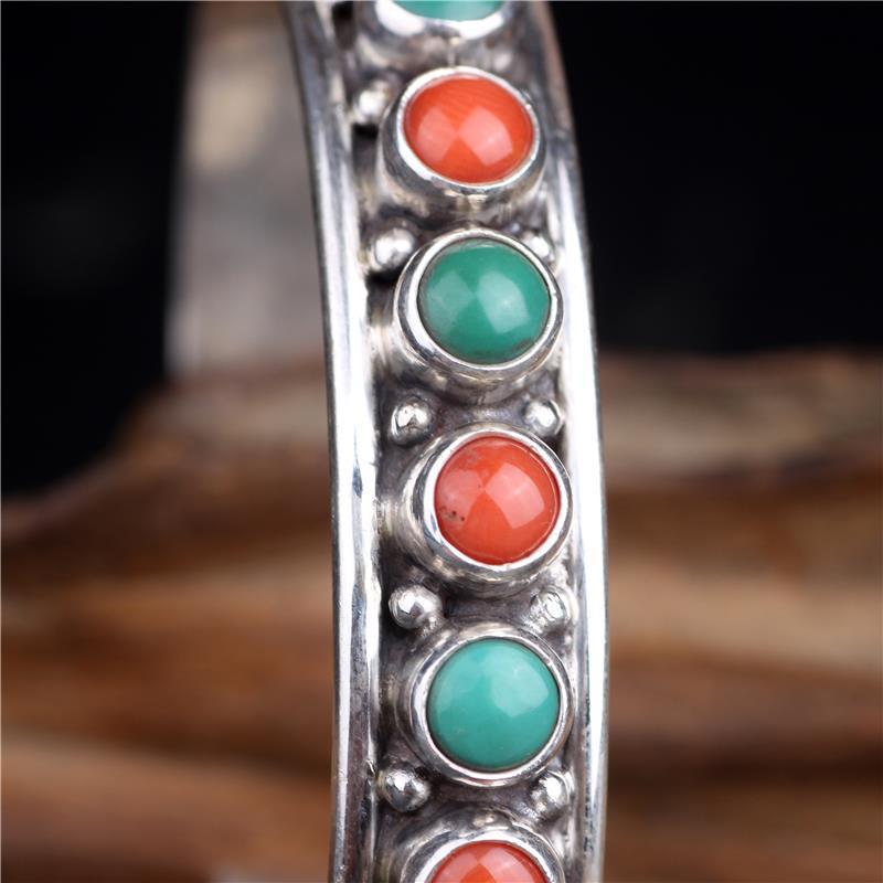 bracelet  Sterling silver inlaid with natural turquoise Nepalese Tibetan jewelry ethnic style