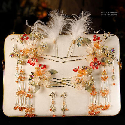 New Chinese style Xiuhe headwear, simple gold hairpin necklace set, hair accessories, fashionable accessories
