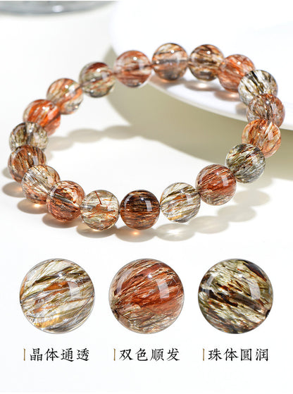 Jiuya Crystal Natural 7A Grade Straight Hair Black Gold Super Seven Round Bead Bracelet
