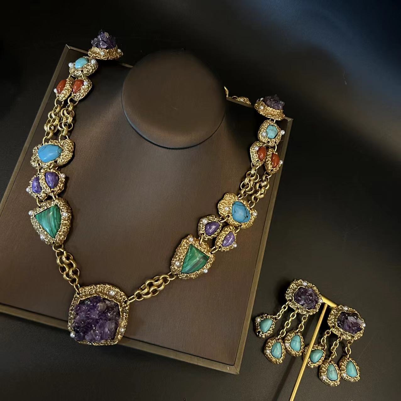 Antique natural stone made necklaces, earrings, amethyst, pine stone tassel earrings