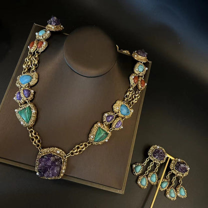 Antique natural stone made necklaces, earrings, amethyst, pine stone tassel earrings