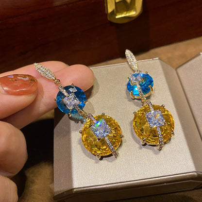 Micro inlaid with two colorful crystals, versatile silver needle earrings