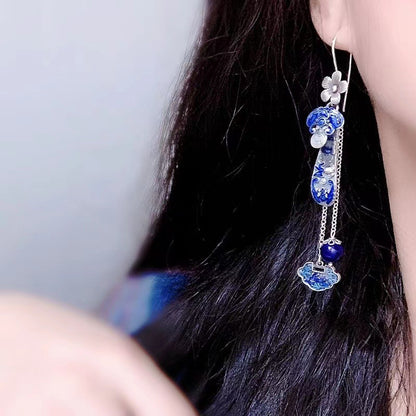 2025 Hanfu Cotton and Hemp Accessories Enamel Silver Ruyi Earrings Long Style Lapis lazuli