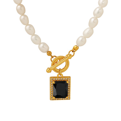 French freshwater pearl collarbone chain zircon starry square pendant necklace versatile titanium steel jewelry