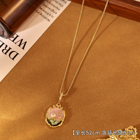 New Monet Garden Natural Pearl Oil Painting Necklace Light Luxury Retro Plated 18K Gold Clothing Chain