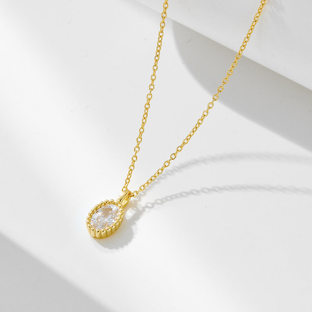 S925 sterling silver plated 14K gold necklace with ins style oval zircon pendant collarbone chain