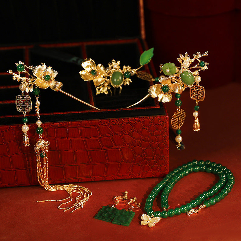 New Chinese style headwear, green bamboo hairpin, phoenix hairpin necklace, earrings, paired hairpin, swaying step by step