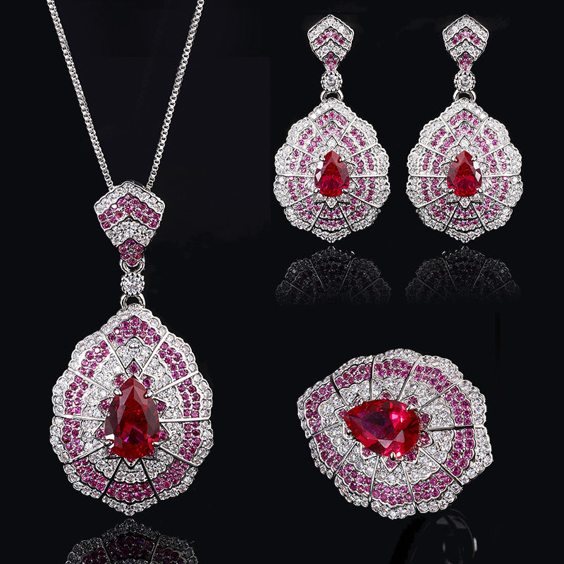 New jewelry set necklace pendant, red zircon earrings, Baroque retro earrings, European and American rings