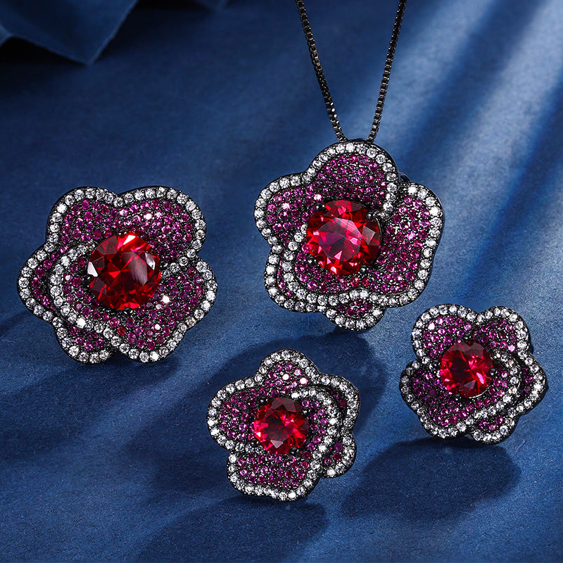 earrings  New jewelry gold-plated copper base simulated red corundum flower black gold set