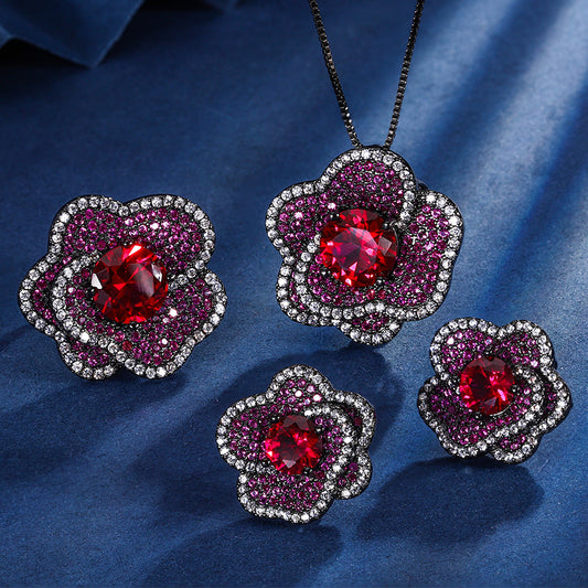 earrings  New jewelry gold-plated copper base simulated red corundum flower black gold set