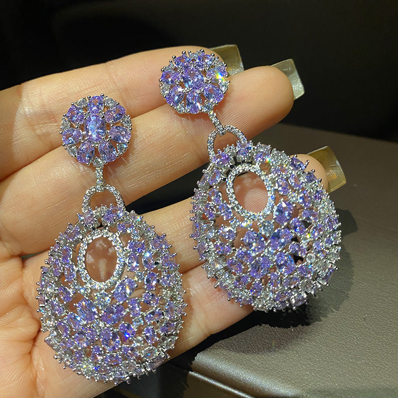 Retro round purple diamond inlaid earrings, fashionable and versatile earrings, silver needle earrings
