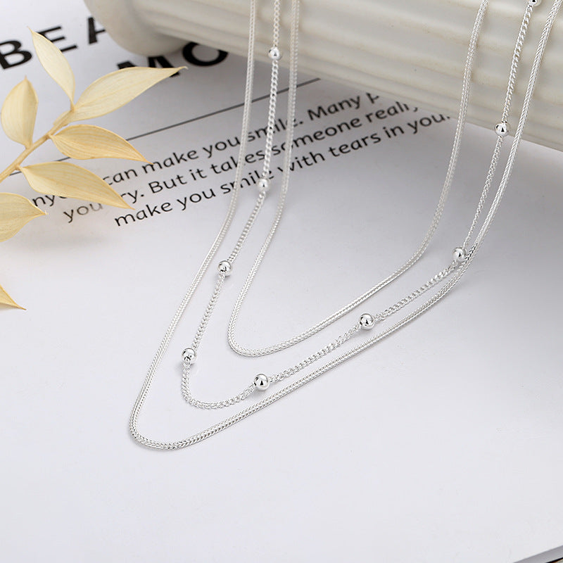 S925 pure silver geometric spherical fine chain multi-layer necklace with personalized European and American punk style street fashion collarbone chain