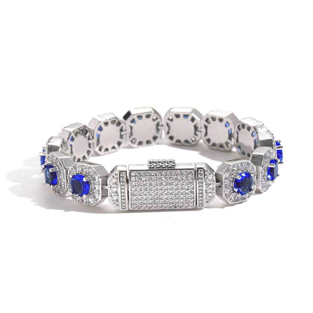 European and American trendy brand colored zircon bracelet 12mm flip button rock sugar chain hip-hop men's bracelet accessory