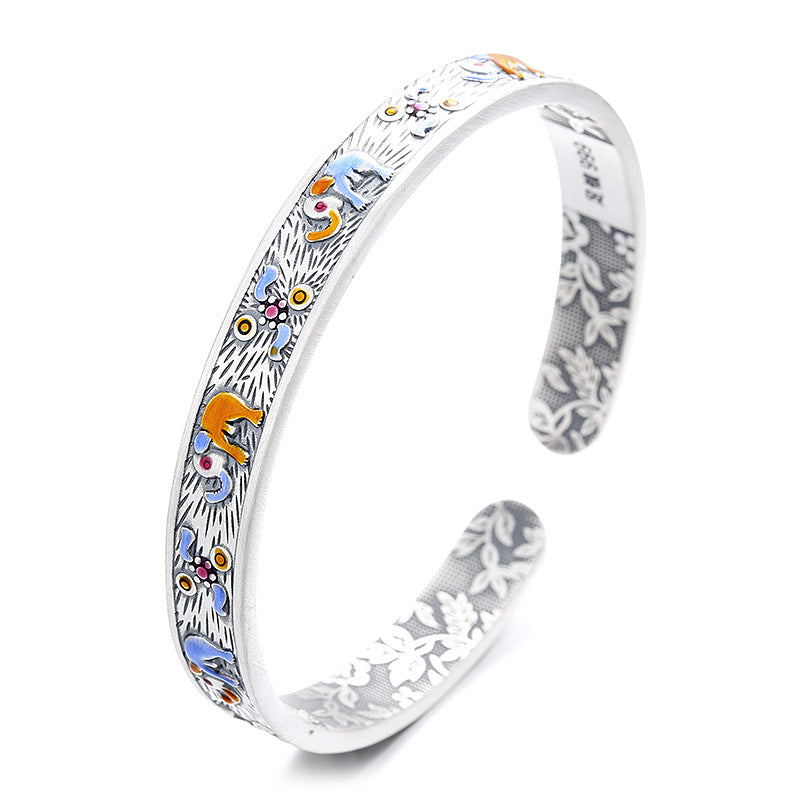 S999 pure silver matte craftsmanship auspicious auspicious elephant dropper pattern inner circle heavy industry design exquisite bracelet