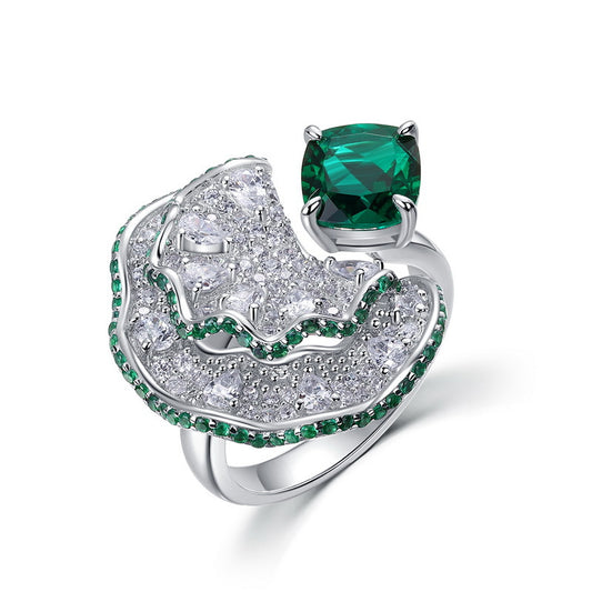 Fan shaped inlaid cultivated emerald ring S925 silver inlaid cultivated colorful treasure opening ring European and American exaggerated