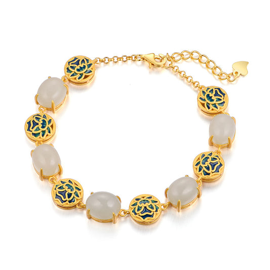 Cabaret S925 silver inlaid natural Hotan Jade bracelet lotus picking enamel China-Chic antique hand ornament