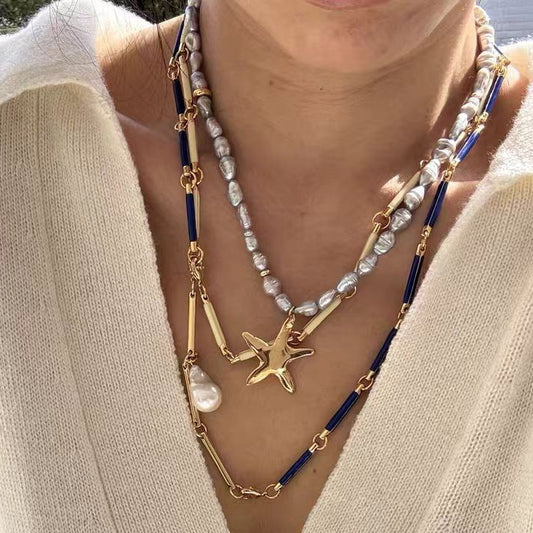 Summer vacation style blue starfish necklace, women's commuting bamboo necklace, simple and versatile, imitation Baroque pearl pendant