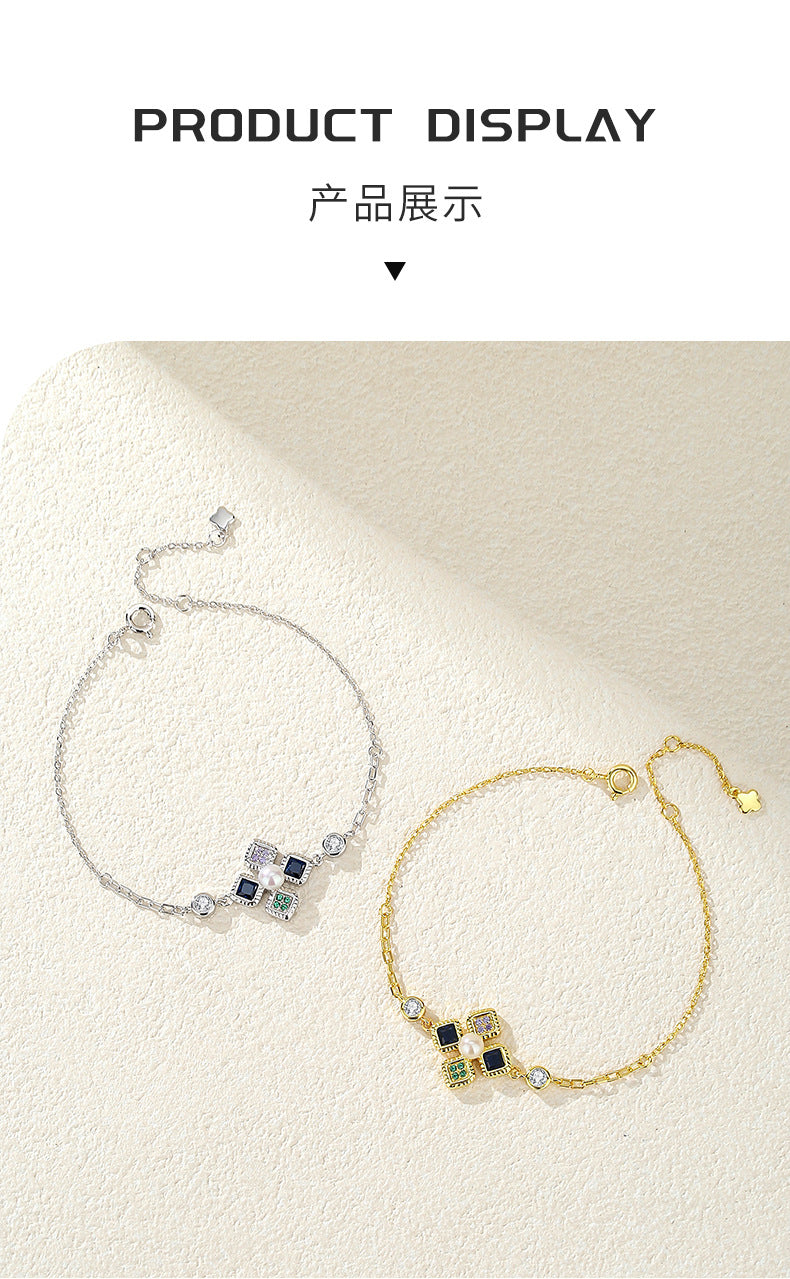 Natural freshwater pearl bracelet for women S925 pure silver lucky clover bracelet, niche high-end zircon bracelet