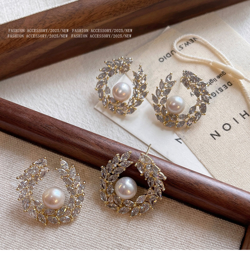 5A grade zircon wheat ear earrings with genuine gold electroplating, female S925 pure silver needle, Shijia pearl earrings, ear accessories