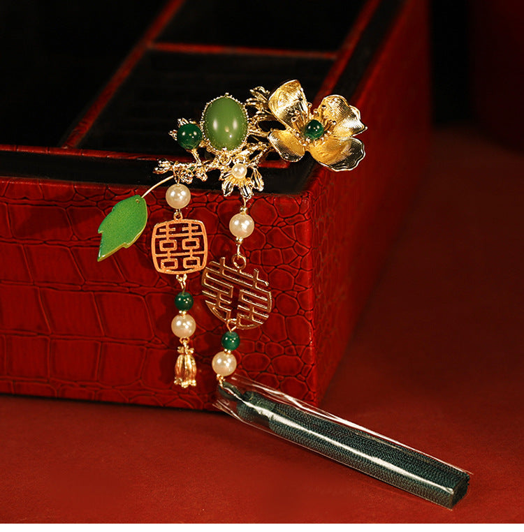 New Chinese style headwear, green bamboo hairpin, phoenix hairpin necklace, earrings, paired hairpin, swaying step by step