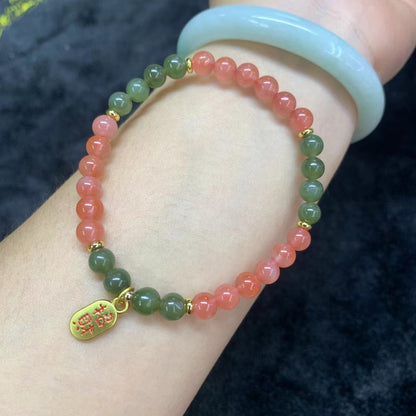Southern red paired with jade 6mm single circle round bead bracelet for attracting wealth and fortune accessories bracelet