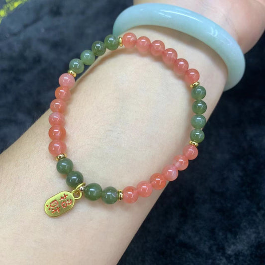 Southern red paired with jade 6mm single circle round bead bracelet for attracting wealth and fortune accessories bracelet
