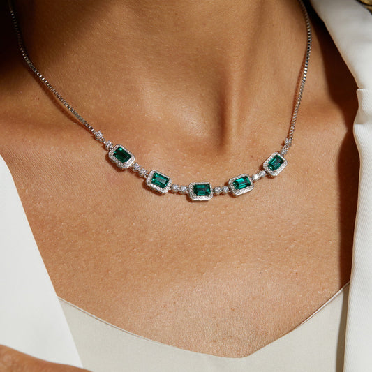 New cultivated emerald collarbone chain S925 silver inlaid colorful treasure full diamond necklace European and American retro style
