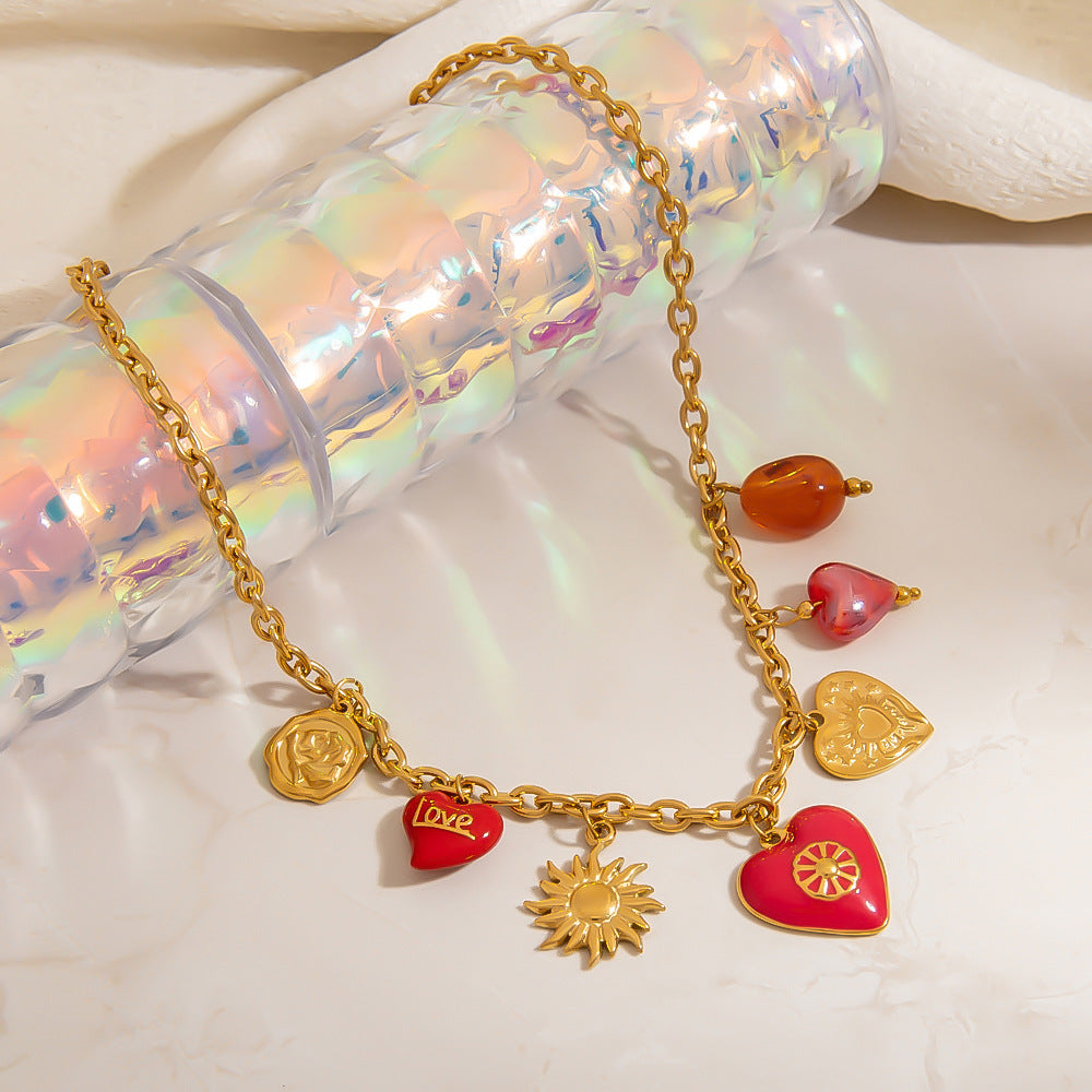 Stainless steel necklace peach heart sun shaped pendant collarbone chain