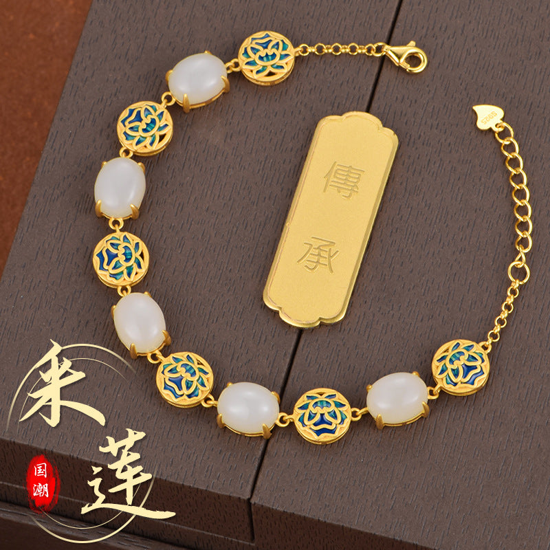 Cabaret S925 silver inlaid natural Hotan Jade bracelet lotus picking enamel China-Chic antique hand ornament