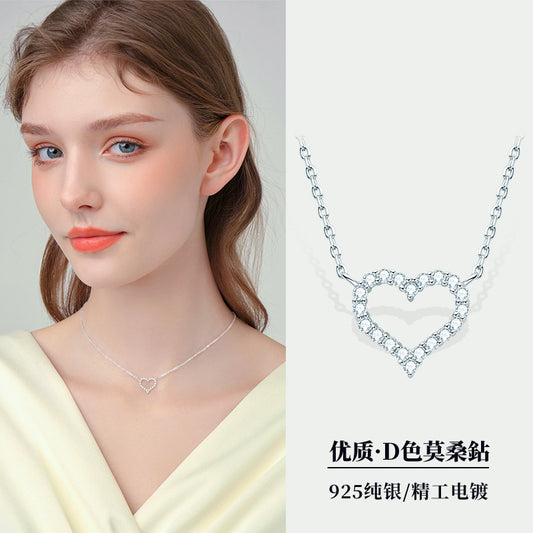 Internet celebrity hot selling ins style 925 sterling silver moissanite necklace with hollow heart collarbone chain pendant